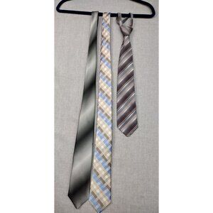 (3) Men's Neckties Gigi Mario Viscount Plaid Striped Dots Clip-On Silk Tie Set